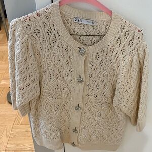 Zara Beige Knit Cardigan with Floral Accents